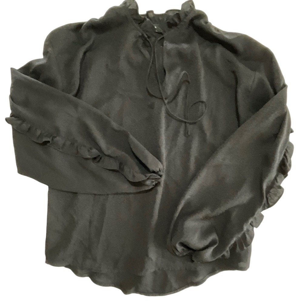 Express Womens XS Black‎ Long Sleeve Ruffle Trim Tie Neck Blouse Top